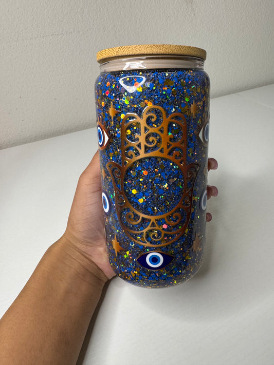 Blue/Gold Evil Eye Glitter Cup